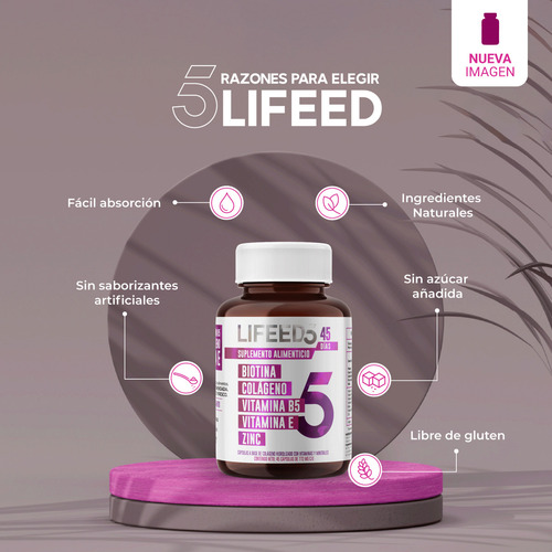 Lifeed5 Biotina, Colágeno, Vitamina B5 Y E, Zinc C/45 Cáps Sabor Sin Sabor