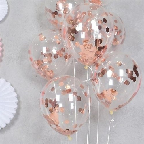 5 Globos Cristal Transparente Confetti Rosa Gold Metalizado