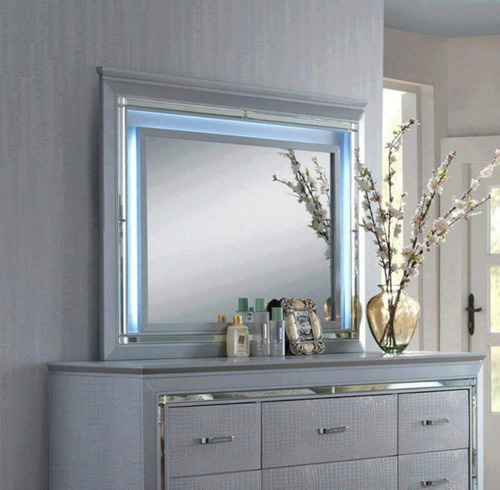 Imagen 2 de 7 de Recamara King Lillian Cama Capitoneada Gris Con Luz