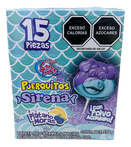 Paletas Puerquitos Sirena Sabor Platano Moras 15 Pz