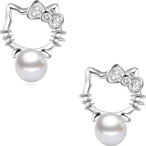 Aros Plata 925 Gato Kitty Pendientes Mujer Regalo Joya Perla