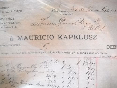 Documento Antiguo Factura Sombrereria Kapelusz 1910 (Usado)