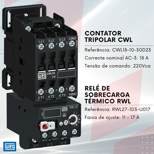 Contator WEG Cwl 18a relé sobrecarga Rwl 11 A 17a