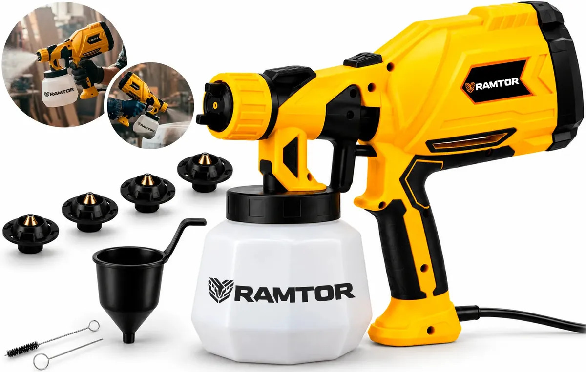 Pistola De Pintura E Pulverizadora Elétrica Portátil Hvlp 1.250l Profissional C/ 5 Bicos Acessórios 580W RAM200A Ramtor