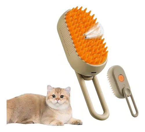Escova de vapor massageadora macia para cães e gatos 3 em 1 com alça bege