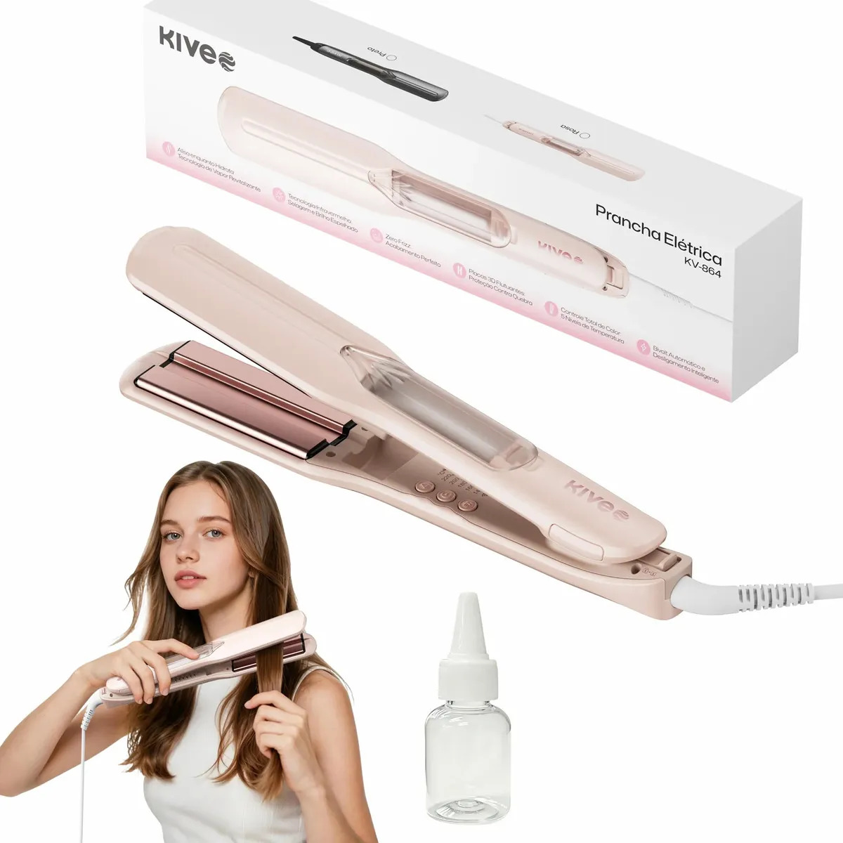 Chapinha Profissional Kive KV-864 A Vapor Bivolt 220°C Com Íons Negativos Prancha Alisadora Infravermelho Anti Frizz