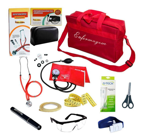 Kit De Enfermagem Vermelho Com Medidor De Pressão