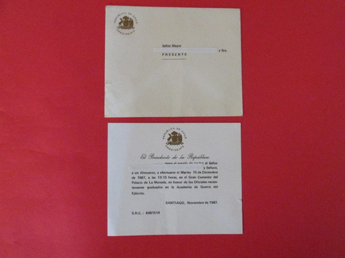 Tarjeta Invitacion Ejercito De Chile Gral Pinochet Año 1987