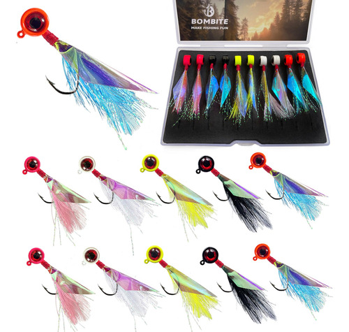 Crappie Jigs Cabeza Plantilla Atada Mano Pluma Piel Arcoiris