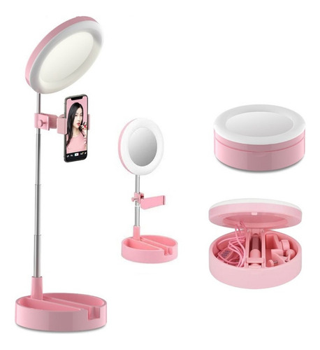 Espejo Con Luz Led Selfie + Soporte Celular Maquillaje Crazy