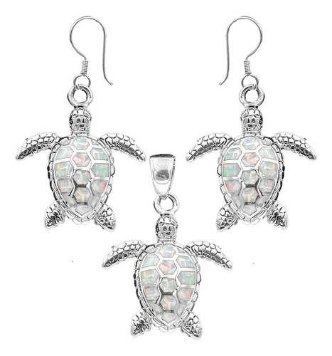 Dije Y Aretes Tortuga Opalo Blanca Plata 925 Envio Gratis