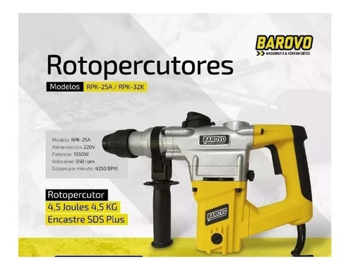 Imagen 2 de 4 de Rotomartillo Barovo Rpk-25a Amarillo Con 1050w De Potencia