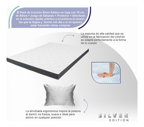 Colchón Queen Size 15 Cm + Sábanas, Protector Y Almohada Blanco Con Gris