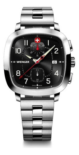 Wenger Reloj Sport Chrono 39.5 Mm, Negro, Acero Inoxidable Color de la correa Plateado Color del bisel Plateado Color del fondo Negro