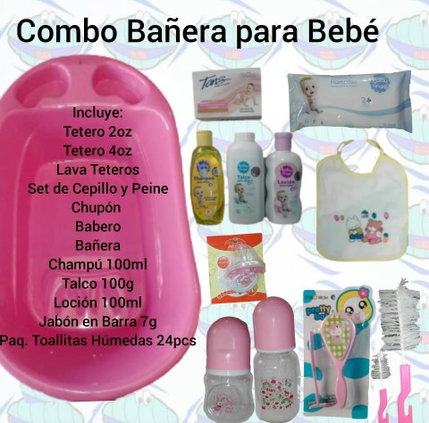 Imagen 2 de 2 de Combo Bañera Bebé + Cepillo Y Peine + Teteros + Higiene