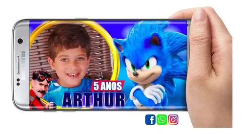 Convite Digital Sonic Azul com Foto da Criança para Enviar pelo Zap