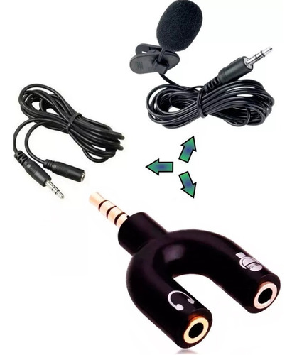 Microfone De Lapela + Extensor + Adaptador Celular P3/p2 M2 Cor Preto