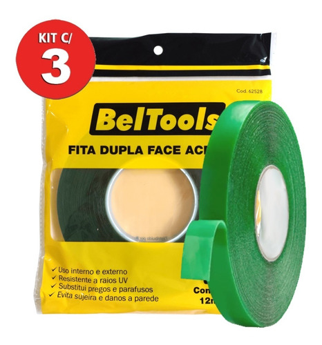 Kit 3 Fita Dupla Face Transparente 12mm X 20m Beltools