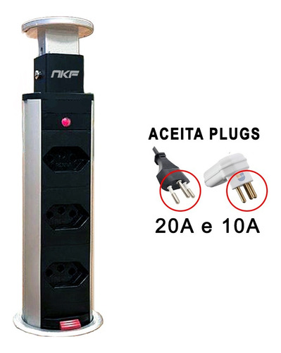 Torre 3 Tomadas Retrátil Multiplug Embutir 20a Antichoque