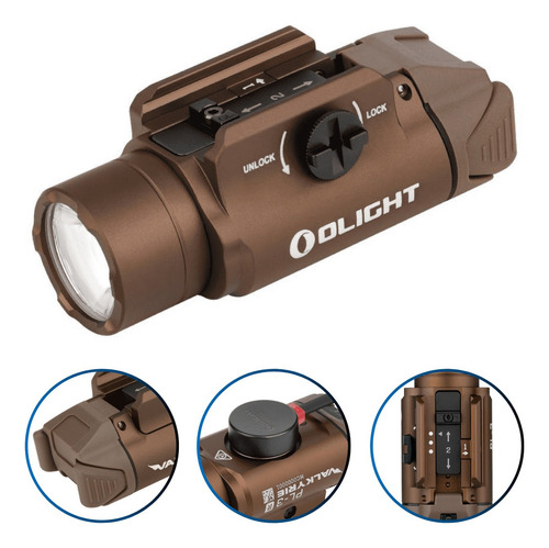 Linterna táctica Olight PL-3r Valkyrie, 1500 lúmenes, LED Glock, color desierto, bronceado, luz LED blanca