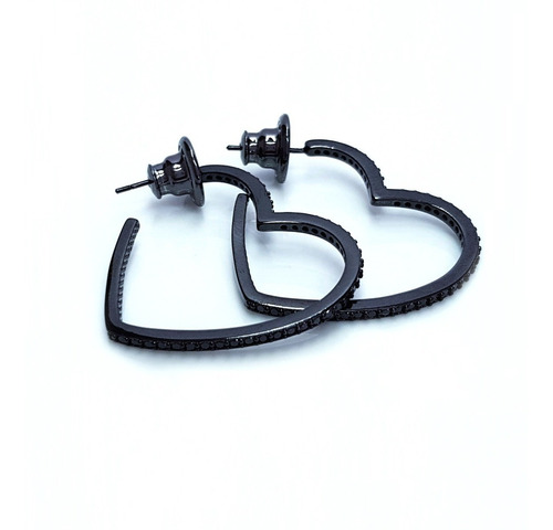 Imagem 3 de 7 de Brinco Feminino Argola Coração Banhada Ródio Negro