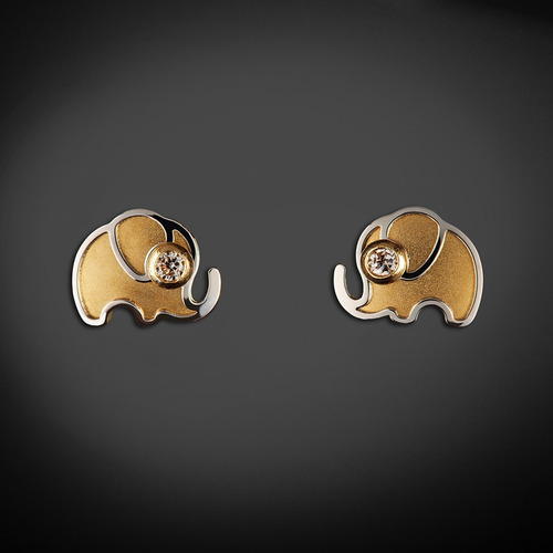 Aretes De Oro 14k Broquel Con Circonia Elefantitos Giallo