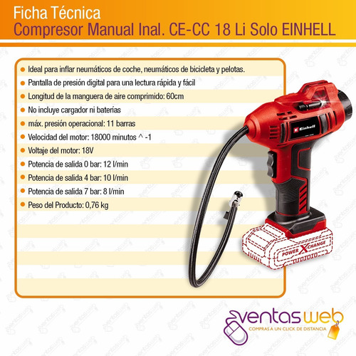 Imagen 9 de 10 de Compresor Manual Inalámbrico Einhell 11 Bar Ideal Neumáticos