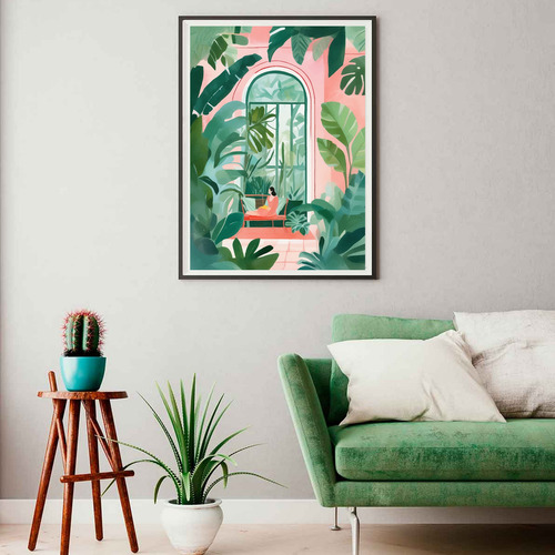 Lámina Decorativa Mujer Jardín Tropical Rosa Plantas Hojas Multicolor Sin Armazón
