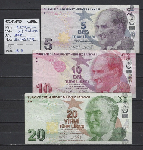 B183 Lote De 3 Billete De Turquía Año 2009 P-222/24