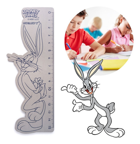 Régua Escolar 15cm De Madeira Looney Tunes - Perna Longa Cor Cinza