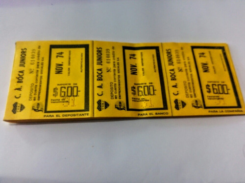 Boletas Deposito Boca Juniors Noviembre 1974 Impecable X3 (Usado)