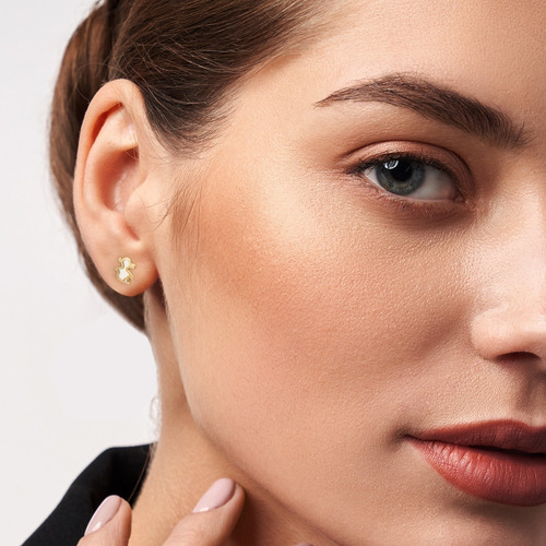 Aretes De Oro 14k Broquel Circonia Con Perla Muñeca Giallo