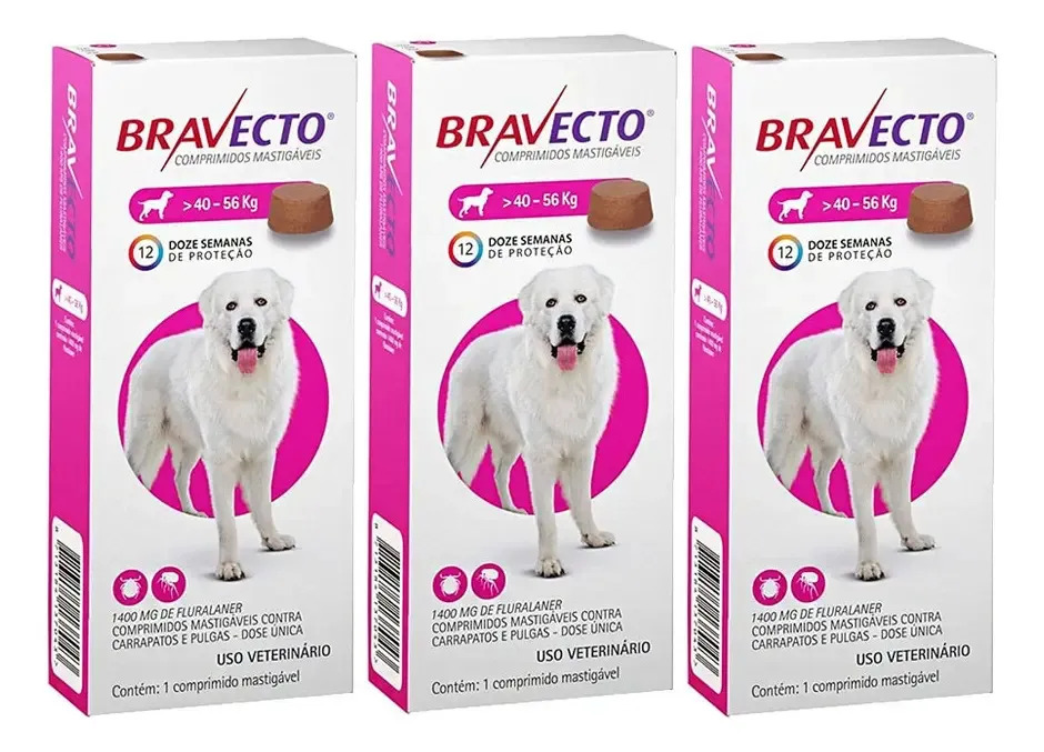 Kit 3 Antipulgas E Carrapatos Bravecto 1400mg 40 A 56kg Rosa