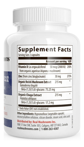 Real Mushrooms Mushroom D2Z 120 Cápsulas Suplemento Dietético Vitamina D2 Vegana de Hongos Refuerza el Sistema Inmunológico Salud Ósea Energía y Bienestar General