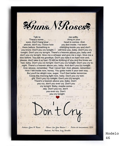 Cuadro De Guns N Roses Letra Don't Cry Con Marco De 35x50 Cm