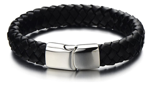 Pulsera Ancha De Cuero Trenzado Negro Para Hombres Pulsera