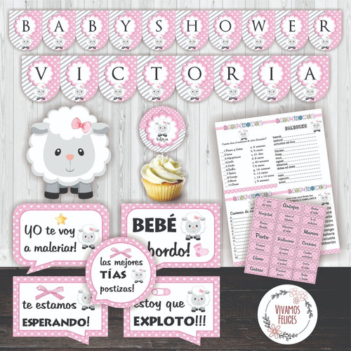 Ki Imprimible Ovejita Baby Shower Rosa Nena