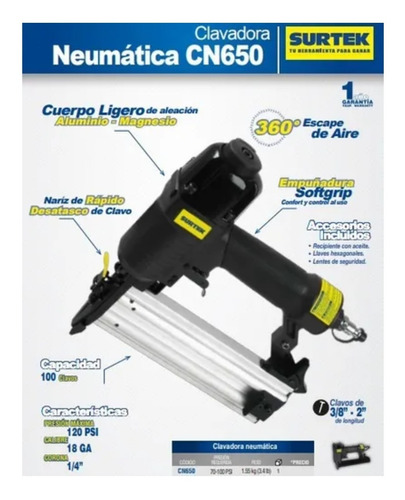 Clavadora Neumatica 50mm Cal 18 Sutek Stk-cn650