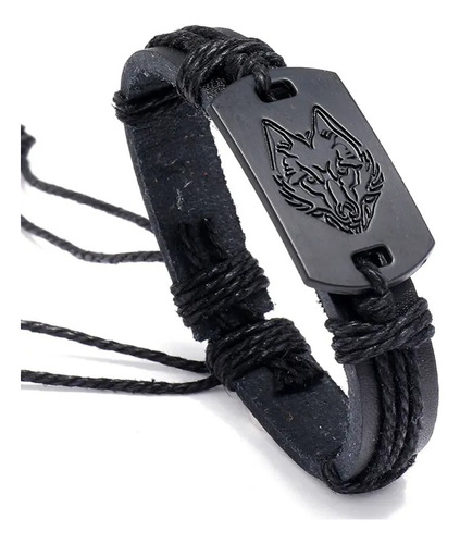 Pulsera Brazalete Hombre Cuero Genuino Negro Lobo Wolf