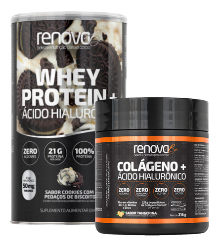 Colágeno Verisol Ácido Hialurônico + Whey Protein Renova Be Sabor 1 Whey Cookies + 1 Tangerina