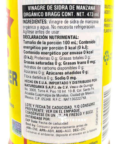 Imagen 2 de 6 de Vinagre De Manzana Orgánico 473 Ml Bragg