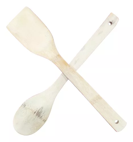 Set de 5 utensilios de cocina, madera de bambú, 30 cm, con soporte de 16 x  10 x 10 cm, cucharas y espátulas ranuradas y lisas co