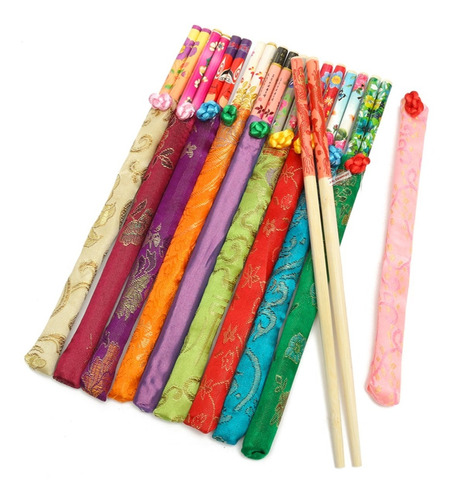 Set 20 Pcs Palillos Chinos Madera Bambu Funda De Tela 545