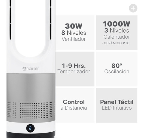 Ventilador Calentador Sin Aspas 2 en 1 Esquimal, Silencioso / Portátil (Plateado - Blanco)