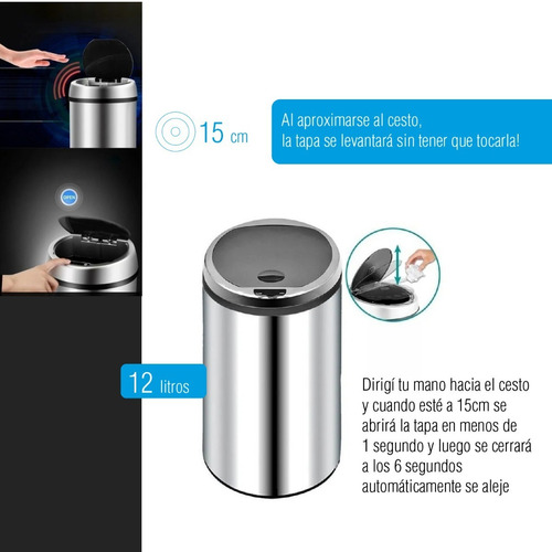 Imagen 3 de 9 de Cesto De Residuos Mio Acero Inoxidable Sensor Automático 12l