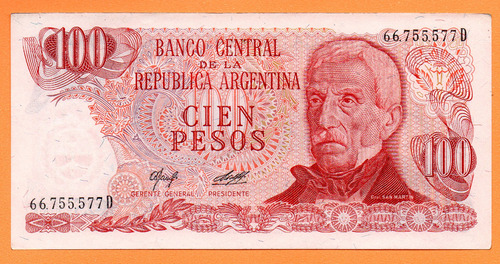 Billete 100 Pesos Ley, Bottero 2408a, Año 1977 Exc 