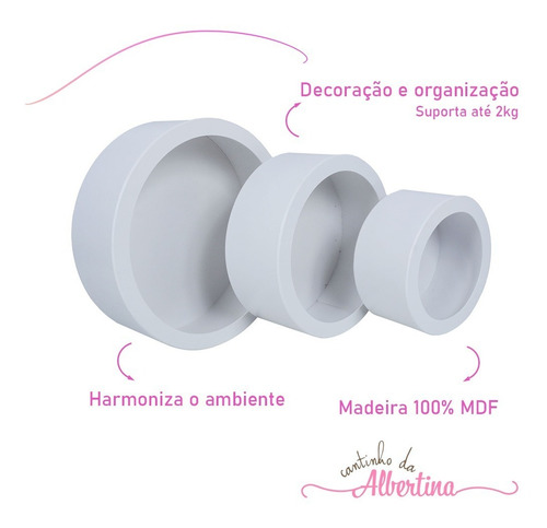 Imagem 2 de 6 de Nicho Decorativo Infantil Redondo Trio P M G Branco Envio24h