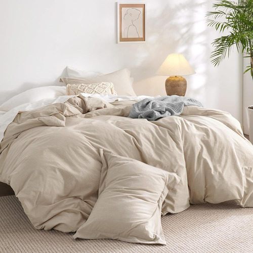 Bedsure 100% Washed Cotton Duvet Cover Queen - Beige Funda E