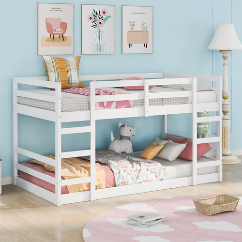 Saksellt Twin Over Twin Low Bunk Bed With Two Ladder,solid .