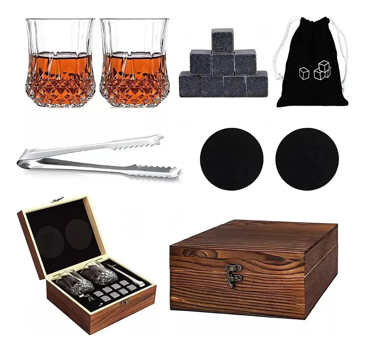 Kit Completo Whisky Regalo Premium: 2 Vasos Cristal + 8 Piedras Enfriadoras Reutilizables + Pinza + 2 Posavasos + Bolsa + Caja Madera, Ideal para Día del Padre, Navidad y Cumpleaño